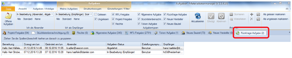 Aufgaben - Tab Rückfragen